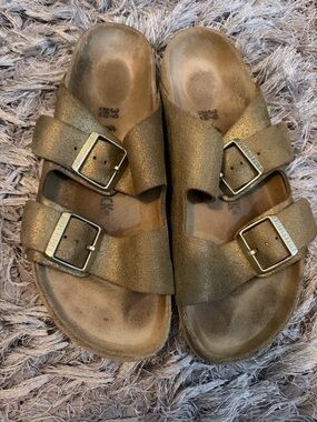 Birkenstock Double-Buckle Metallic Bronze Slide Sandals